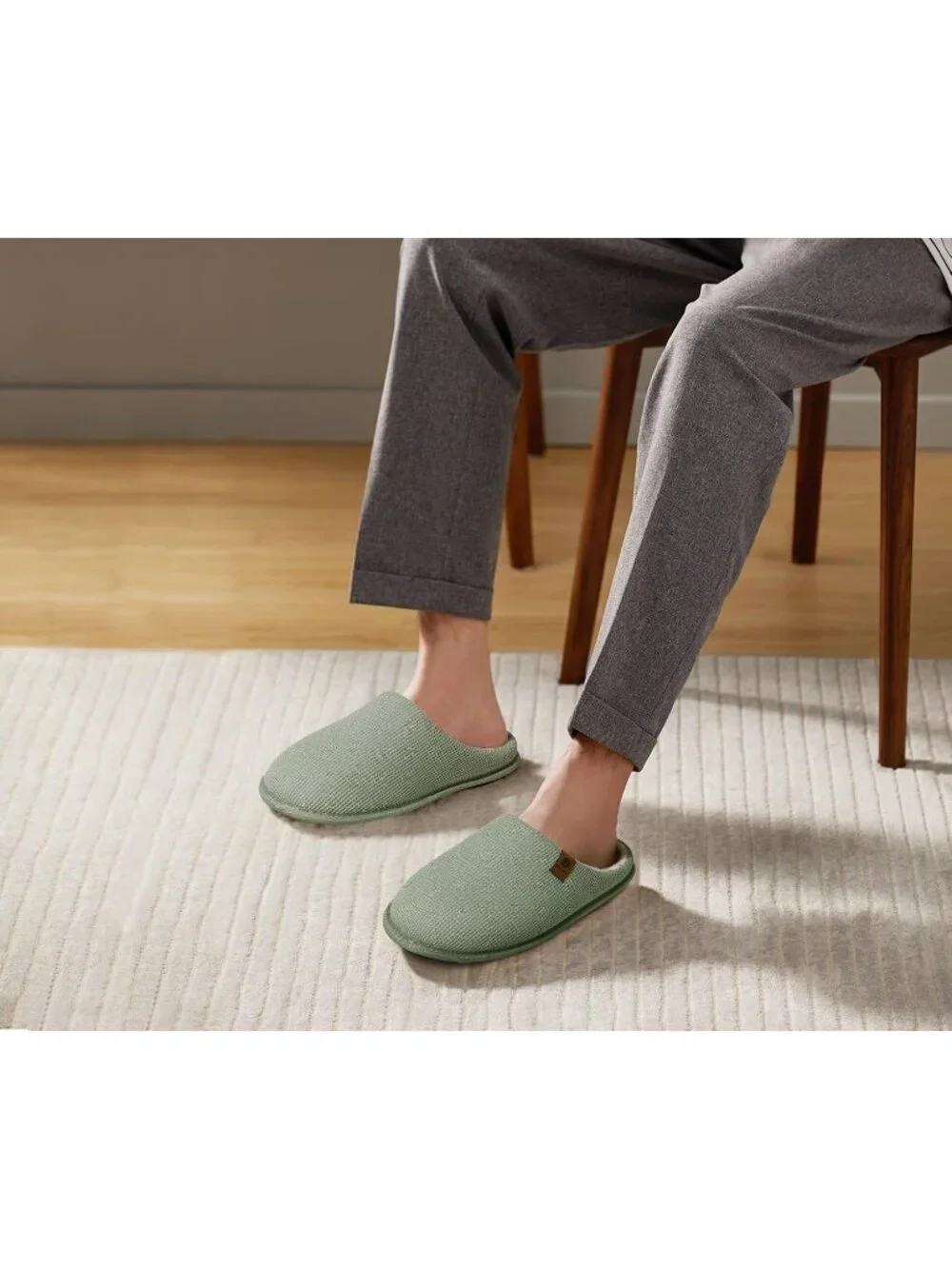 Men's Light Green Cushion Foam Shake Fleece Faux Fur Lining House Slipper Shoes